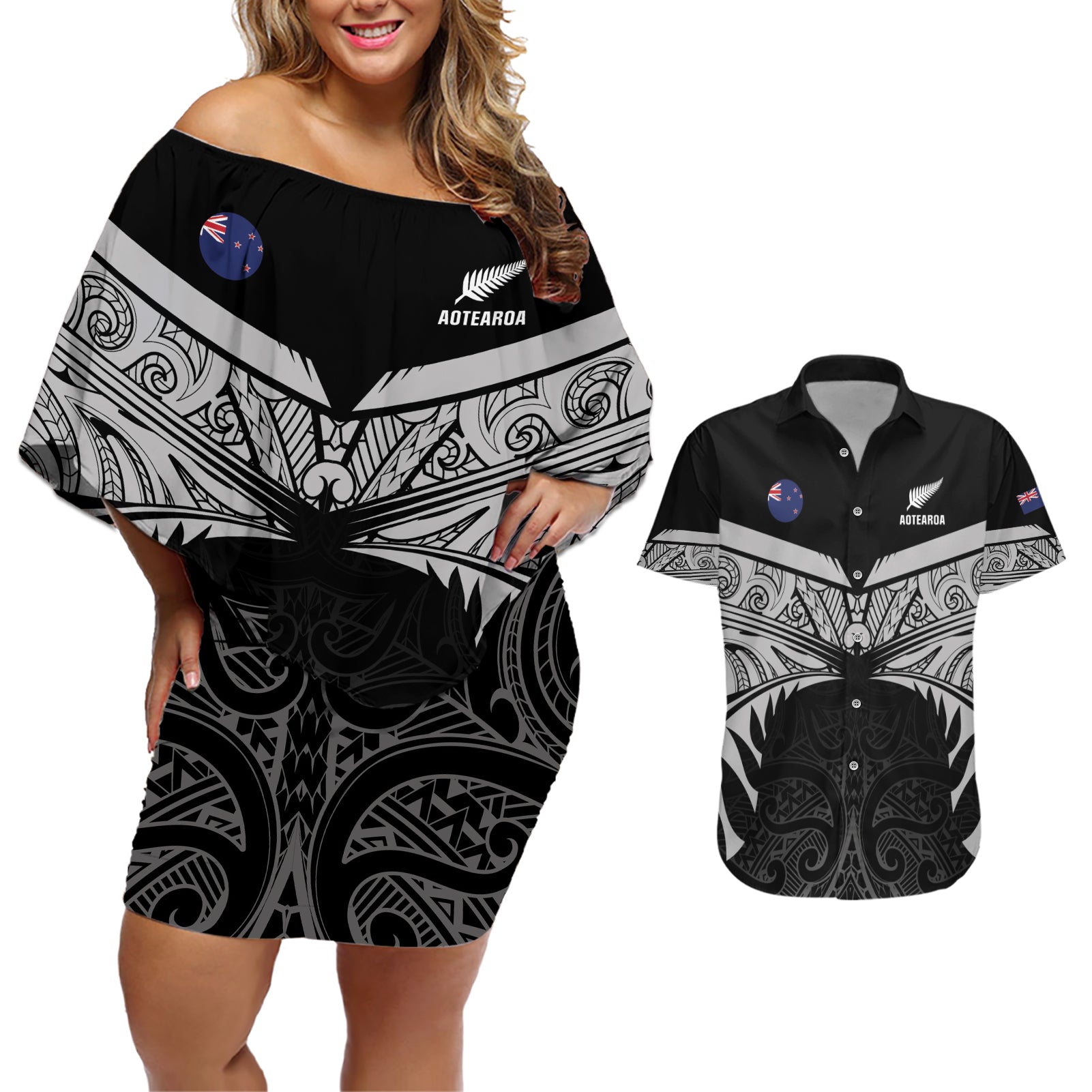 Custom New Zealand Cricket Couples Matching Off Shoulder Short Dress and Hawaiian Shirt Go Champions World Cup 2024 With Maori Pattern