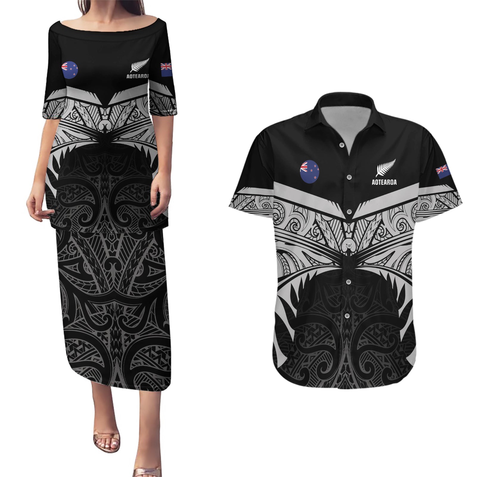 Custom New Zealand Cricket Couples Matching Puletasi and Hawaiian Shirt Go Champions World Cup 2024 With Maori Pattern