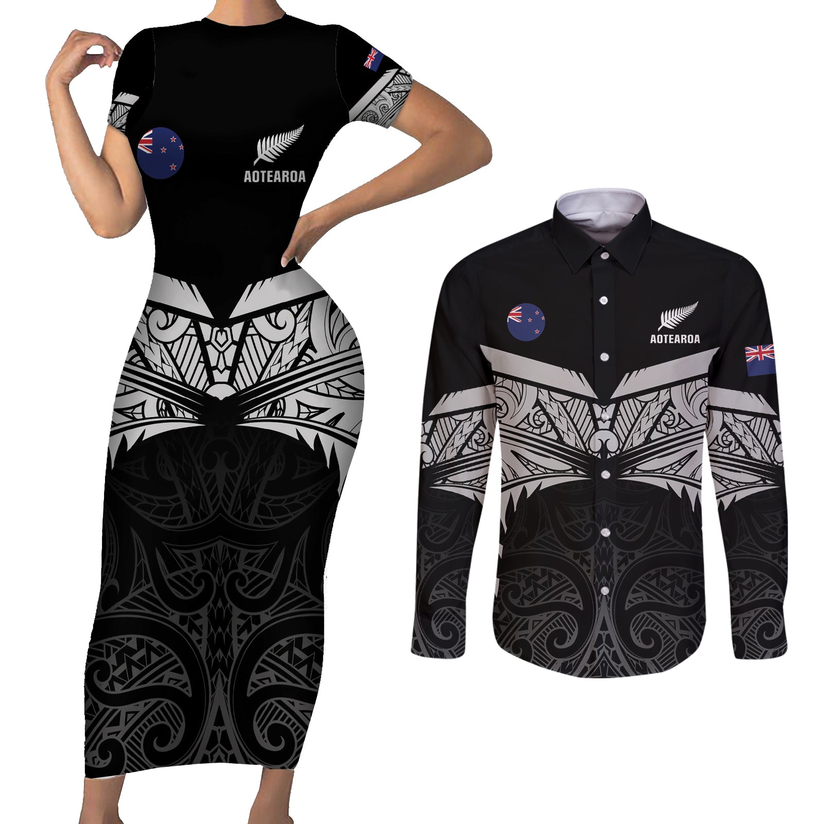 Custom New Zealand Cricket Couples Matching Short Sleeve Bodycon Dress and Long Sleeve Button Shirt Go Champions World Cup 2024 With Maori Pattern