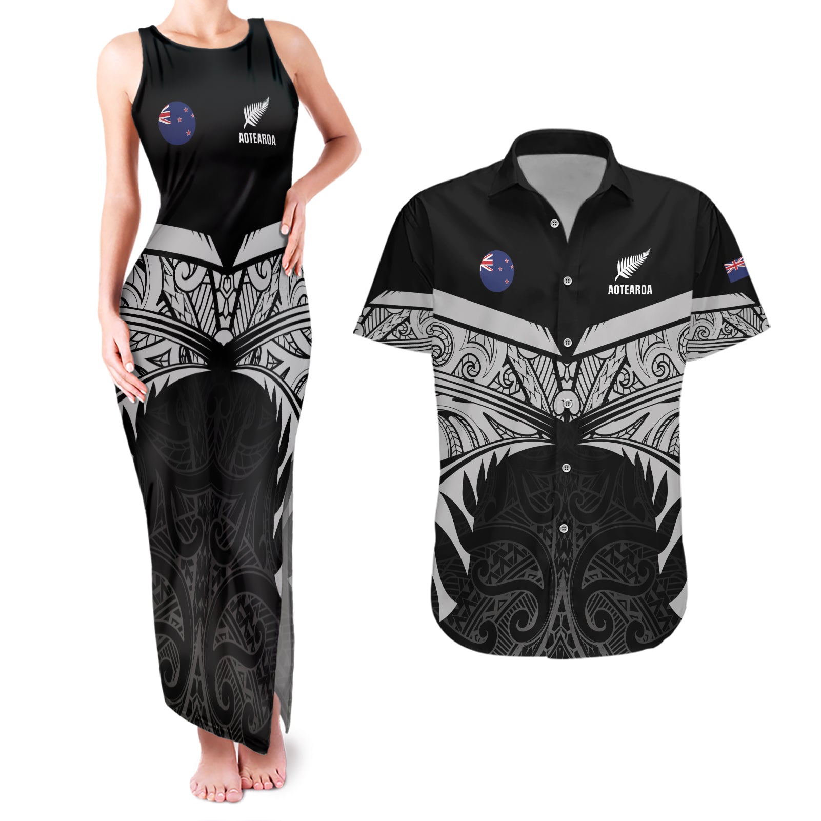 Custom New Zealand Cricket Couples Matching Tank Maxi Dress and Hawaiian Shirt Go Champions World Cup 2024 With Maori Pattern