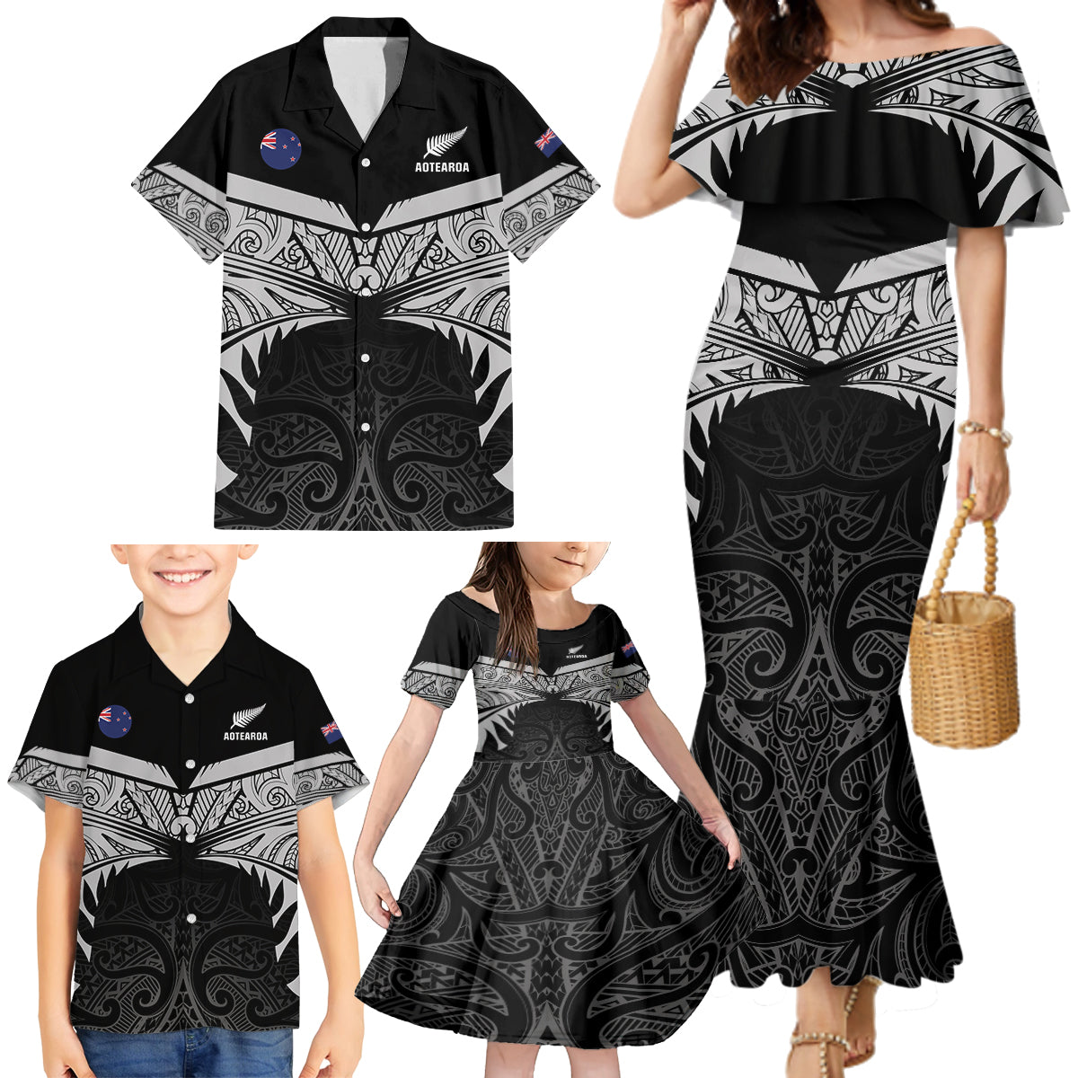 Custom New Zealand Cricket Family Matching Mermaid Dress and Hawaiian Shirt Go Champions World Cup 2024 With Maori Pattern