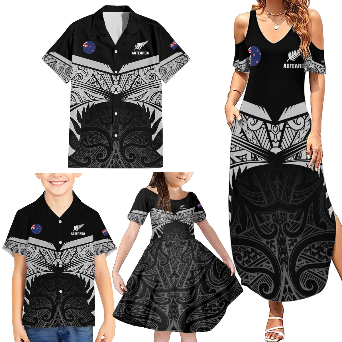 Custom New Zealand Cricket Family Matching Summer Maxi Dress and Hawaiian Shirt Go Champions World Cup 2024 With Maori Pattern