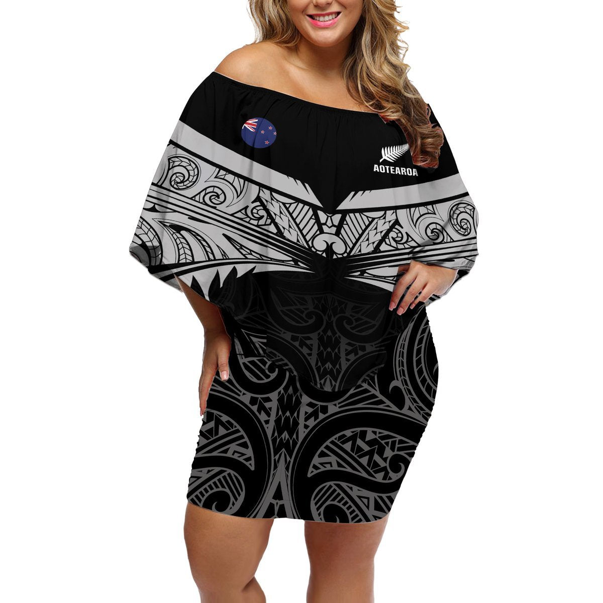 Custom New Zealand Cricket Off Shoulder Short Dress Go Champions World Cup 2024 With Maori Pattern LT05 Women Black - Polynesian Pride
