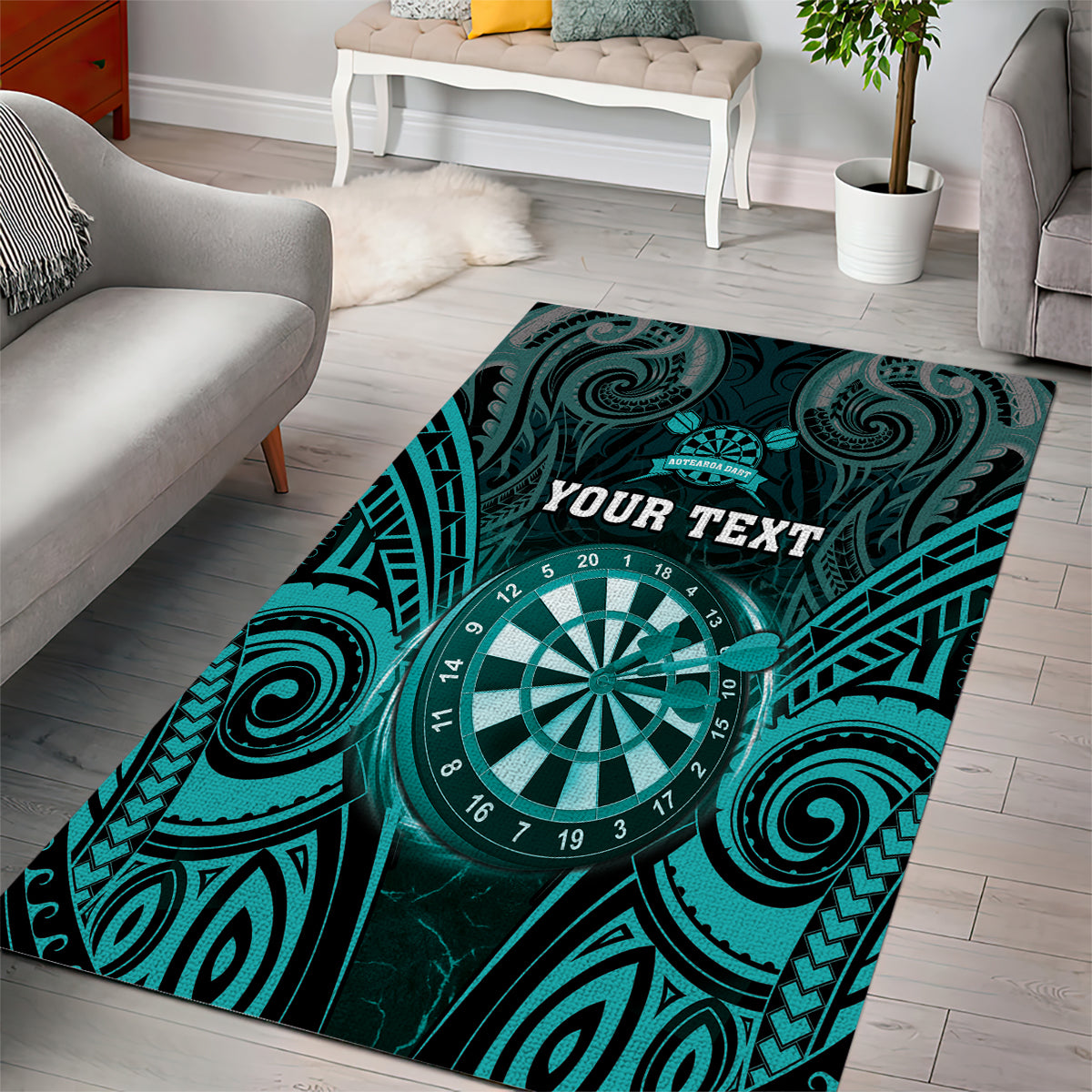 Personalised New Zealand Darts Area Rug Turquoise Dart Board Maori Pattern LT05 - Polynesian Pride