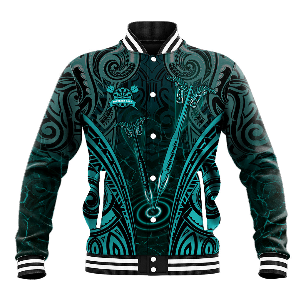 Personalised New Zealand Darts Baseball Jacket Turquoise Dart Board Maori Pattern LT05 Unisex Turquoise - Polynesian Pride