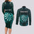 Personalised New Zealand Darts Couples Matching Long Sleeve Bodycon Dress and Long Sleeve Button Shirt Turquoise Dart Board Maori Pattern