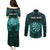 Personalised New Zealand Darts Couples Matching Puletasi and Long Sleeve Button Shirt Turquoise Dart Board Maori Pattern