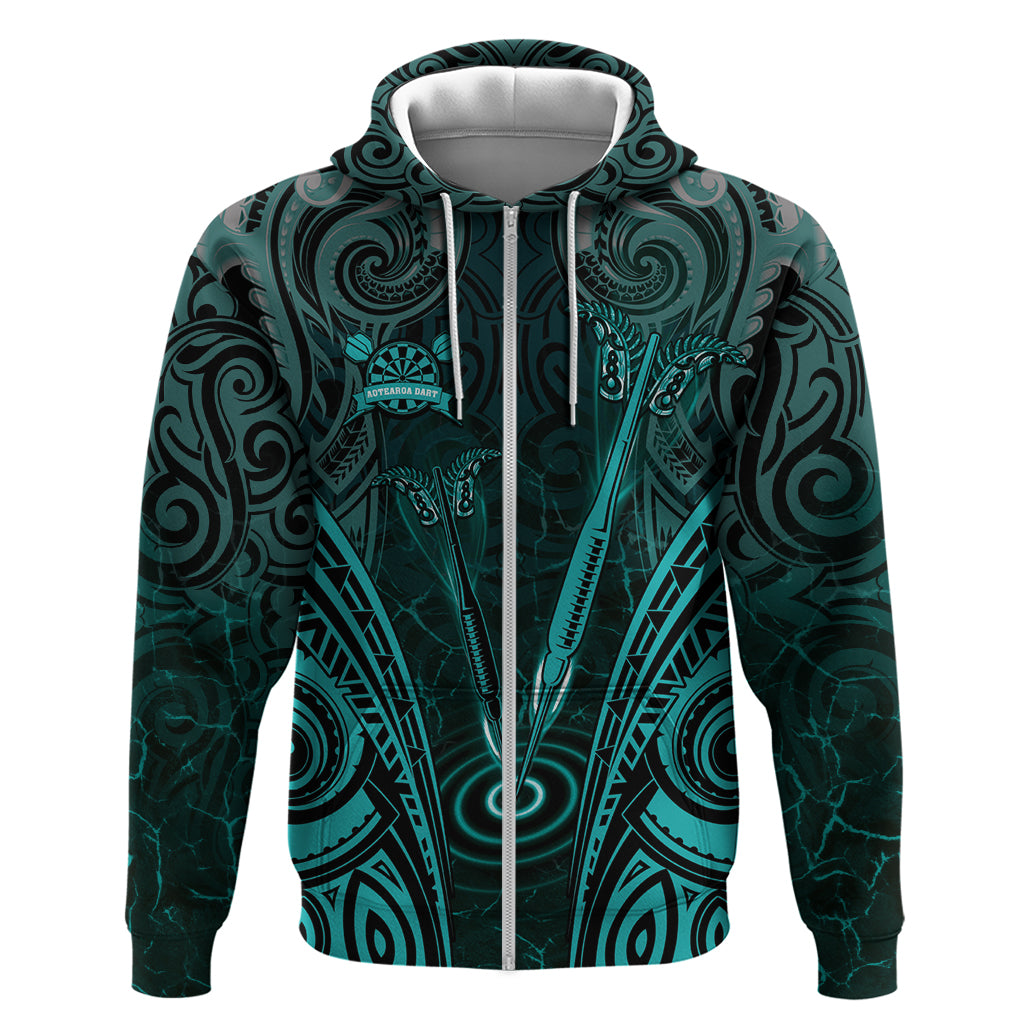 Personalised New Zealand Darts Hoodie Turquoise Dart Board Maori Pattern LT05 Zip Hoodie Turquoise - Polynesian Pride