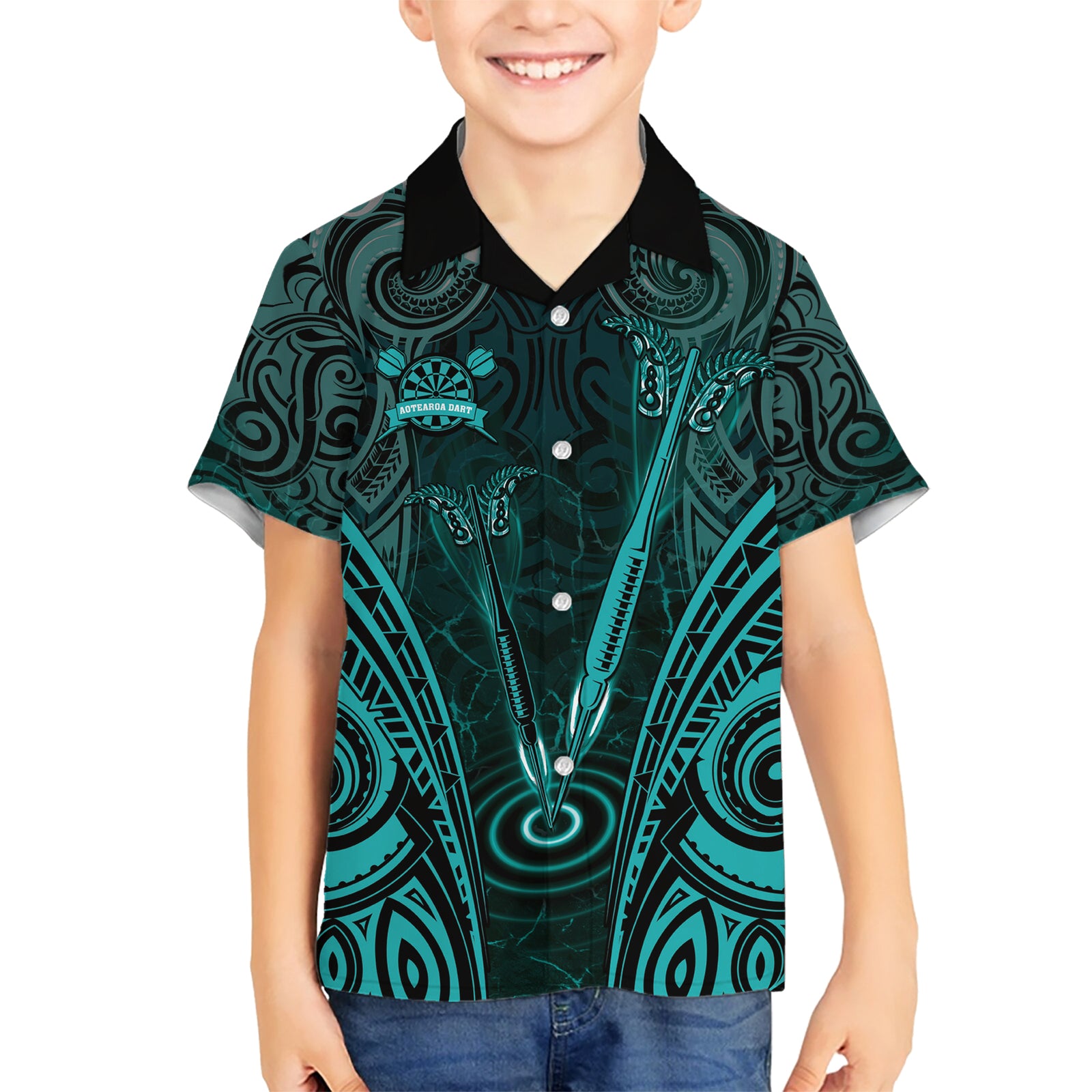 Personalised New Zealand Darts Kid Hawaiian Shirt Turquoise Dart Board Maori Pattern LT05 Kid Turquoise - Polynesian Pride
