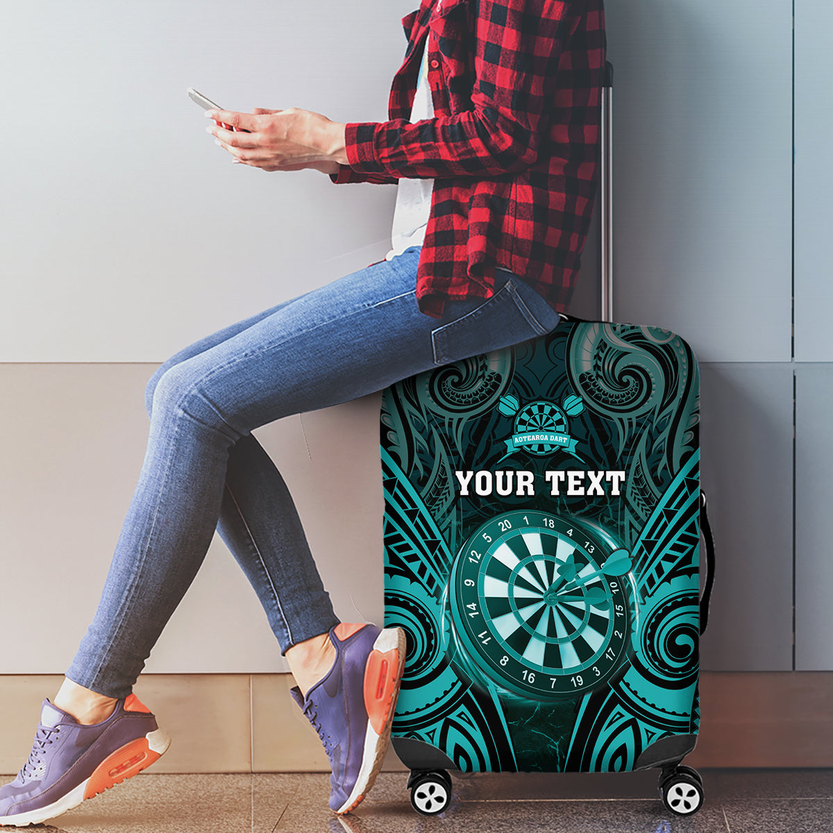 Personalised New Zealand Darts Luggage Cover Turquoise Dart Board Maori Pattern LT05 - Polynesian Pride