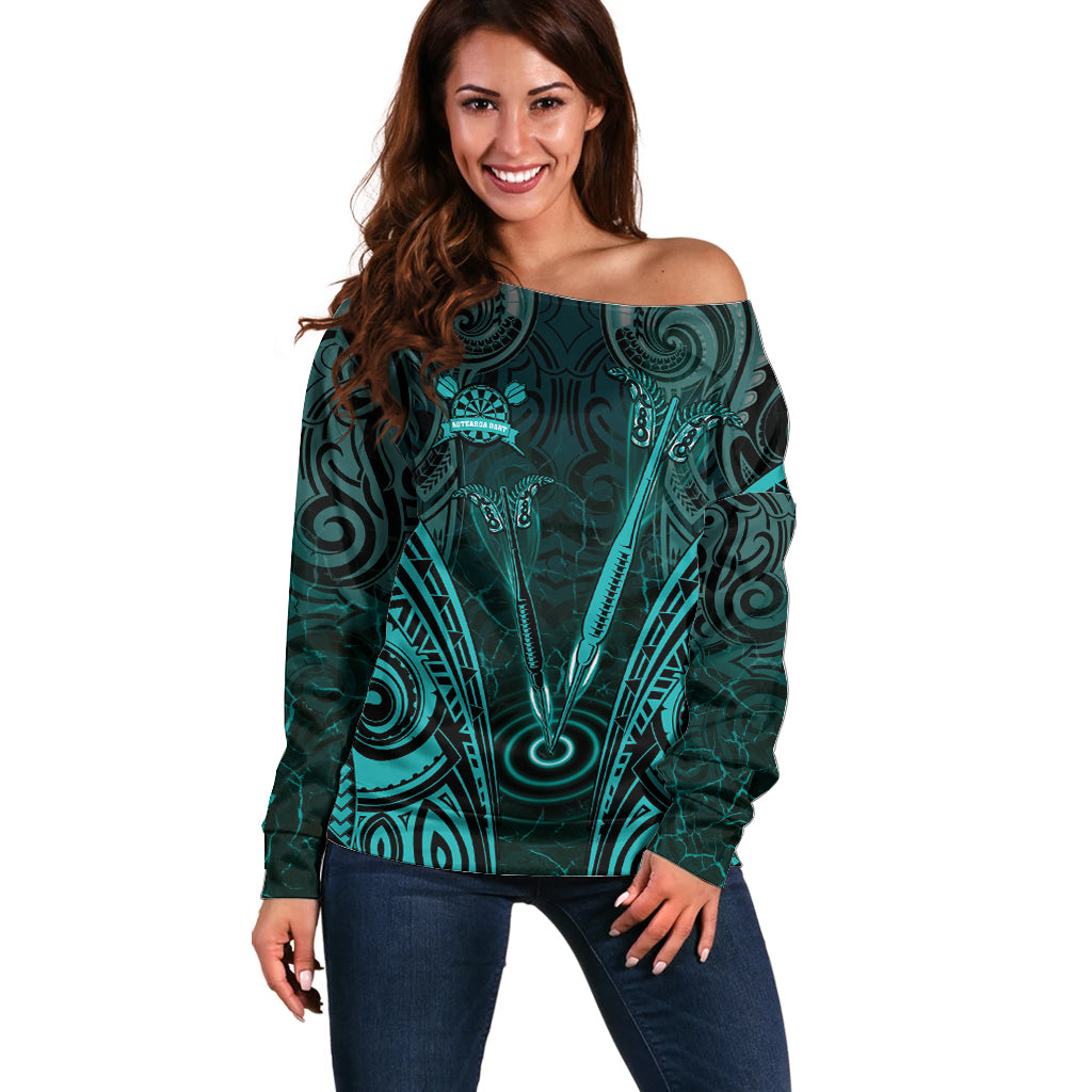Personalised New Zealand Darts Off Shoulder Sweater Turquoise Dart Board Maori Pattern LT05 Women Turquoise - Polynesian Pride