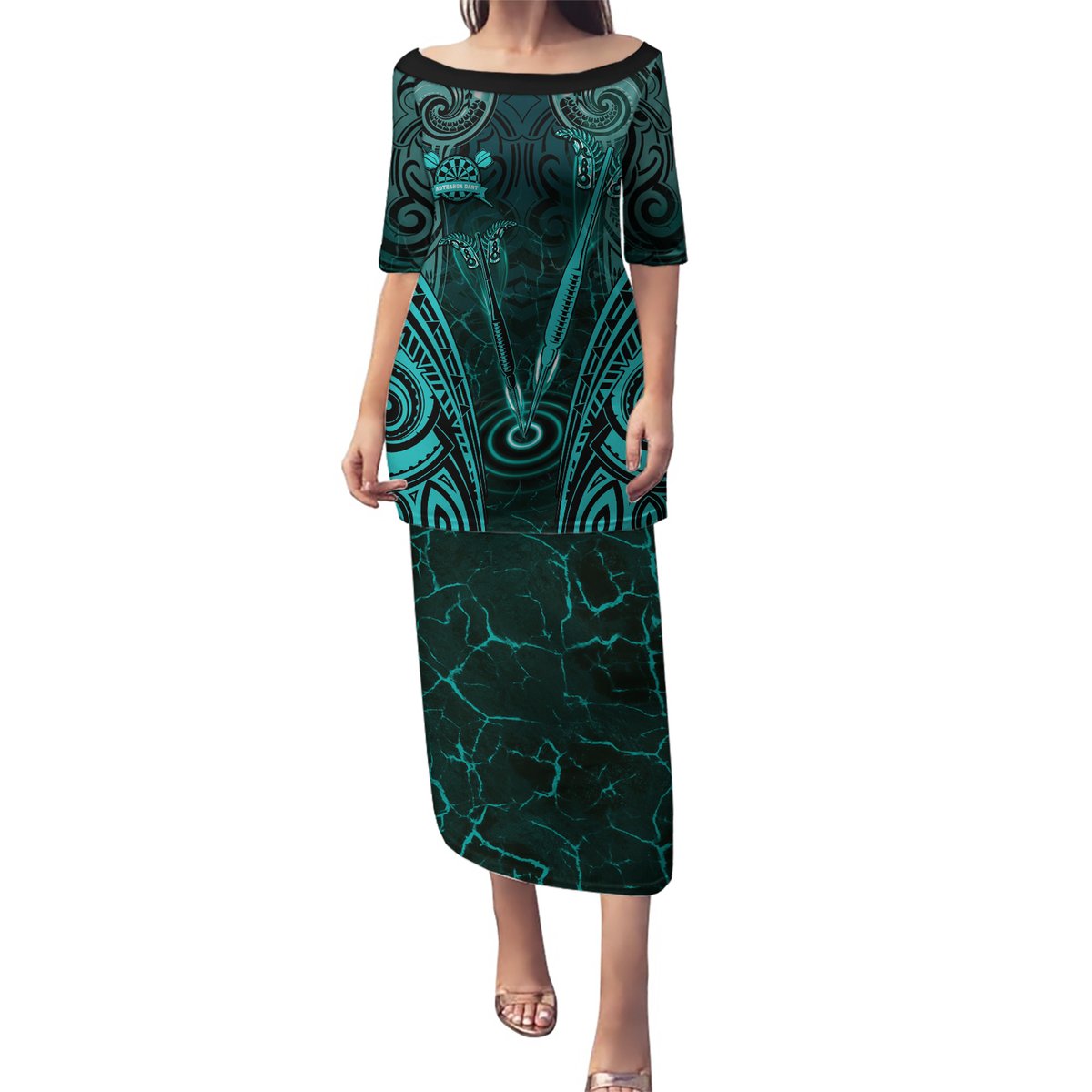 Personalised New Zealand Darts Puletasi Turquoise Dart Board Maori Pattern LT05 Long Dress Turquoise - Polynesian Pride