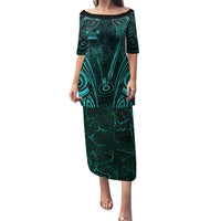Personalised New Zealand Darts Puletasi Turquoise Dart Board Maori Pattern LT05 Long Dress Turquoise - Polynesian Pride