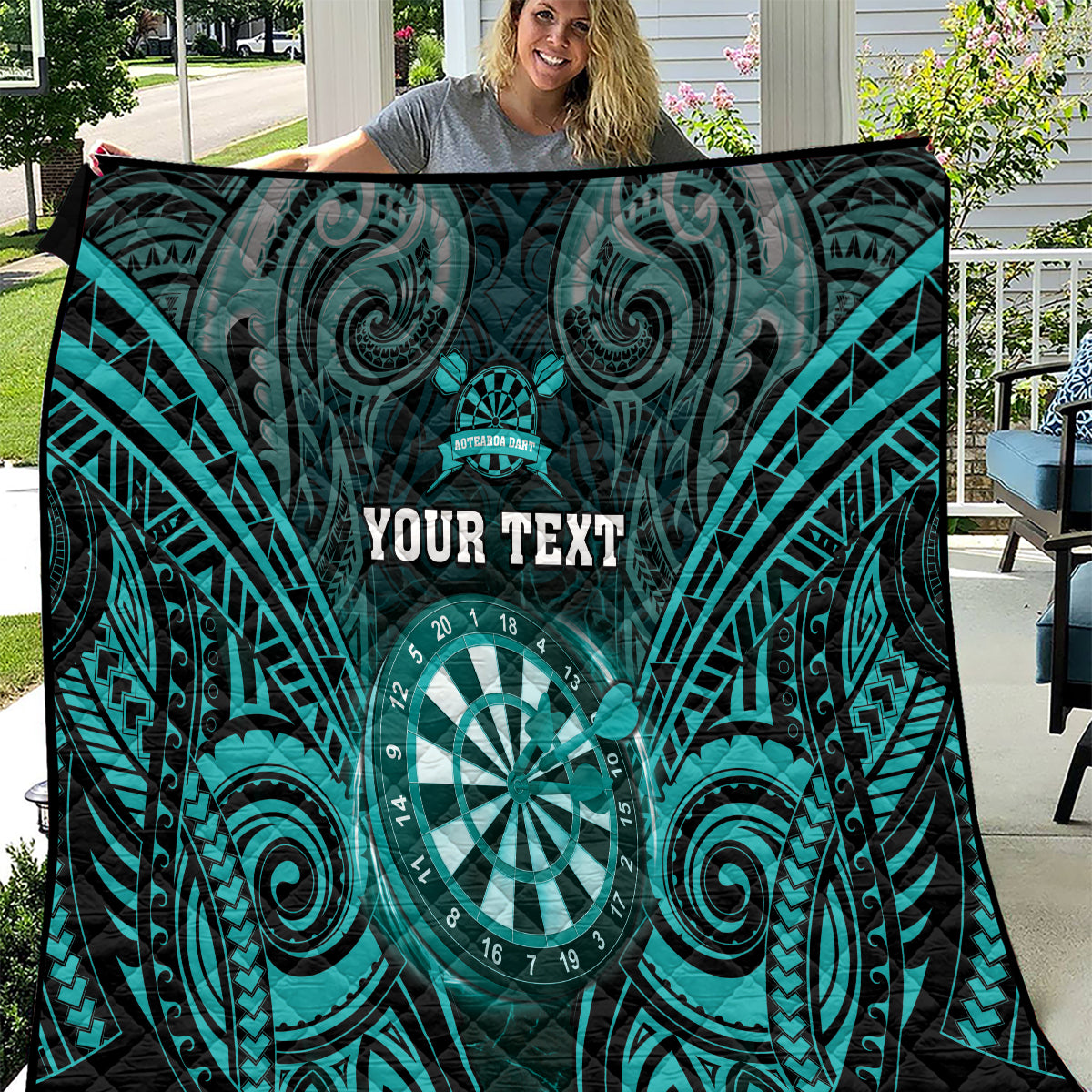 Personalised New Zealand Darts Quilt Turquoise Dart Board Maori Pattern