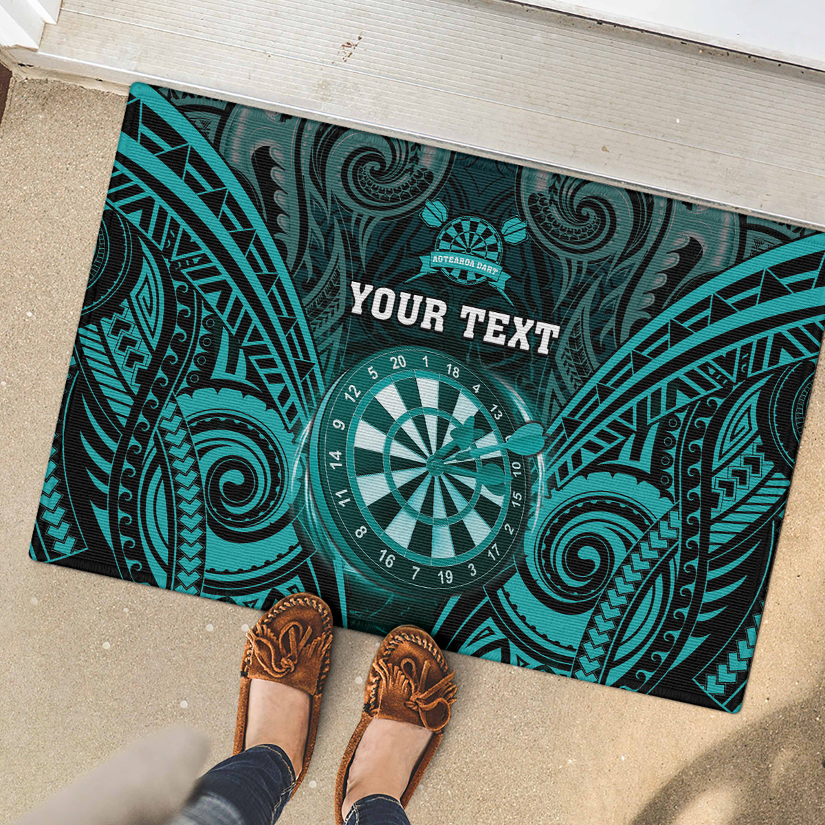 Personalised New Zealand Darts Rubber Doormat Turquoise Dart Board Maori Pattern LT05 - Polynesian Pride