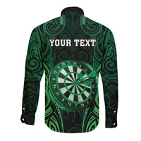 Personalised New Zealand Darts Long Sleeve Button Shirt Green Dart Board Maori Pattern LT05 - Polynesian Pride