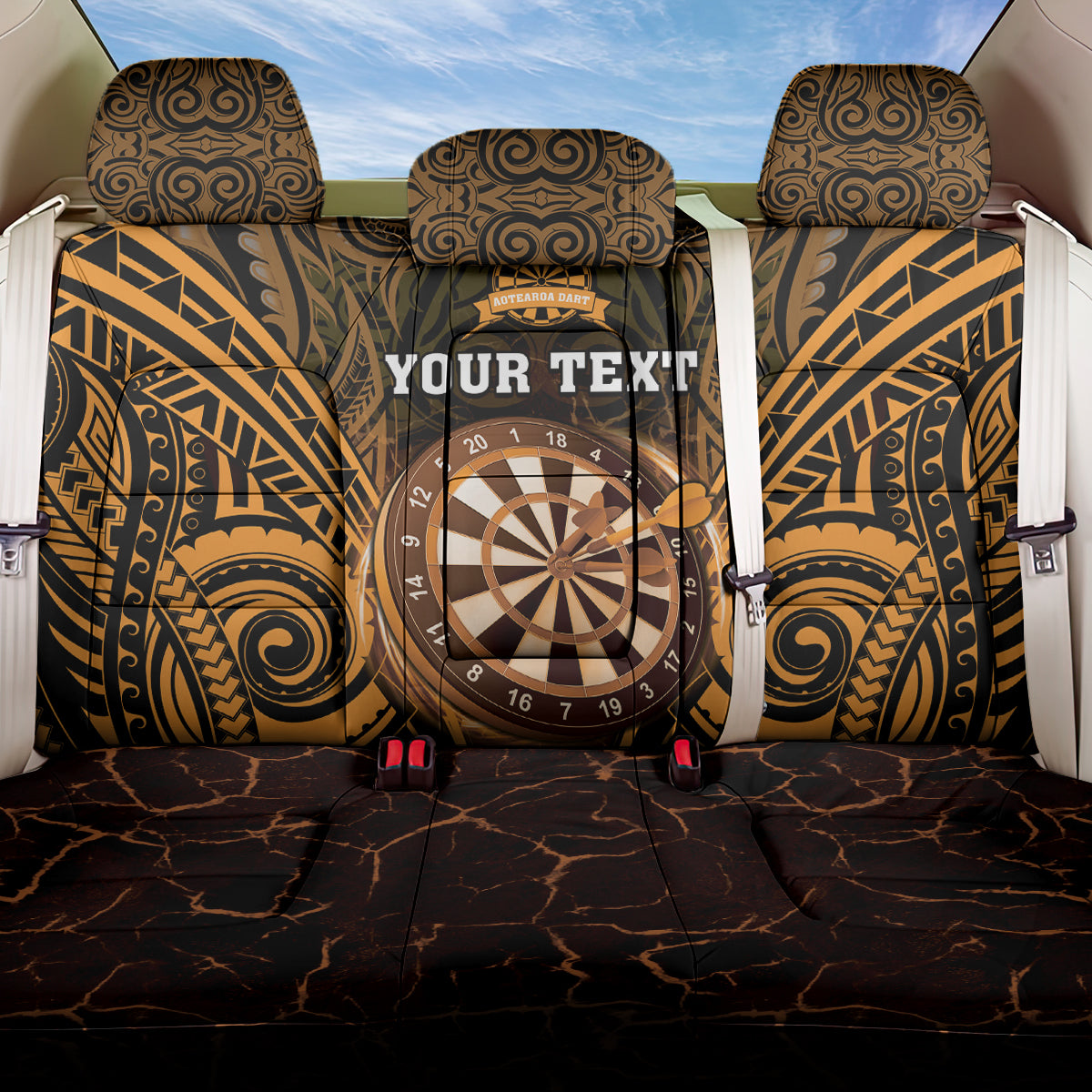Personalised New Zealand Darts Back Car Seat Cover Gold Dart Board Maori Pattern LT05 One Size Gold - Polynesian Pride
