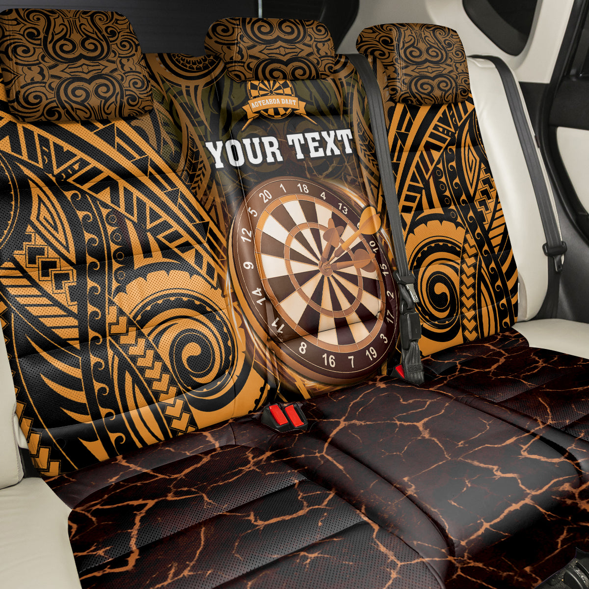 Personalised New Zealand Darts Back Car Seat Cover Gold Dart Board Maori Pattern LT05 - Polynesian Pride