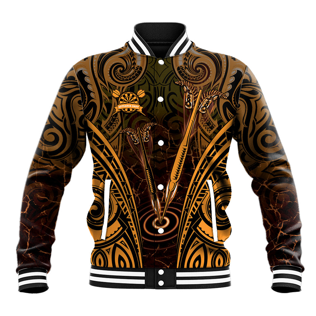Personalised New Zealand Darts Baseball Jacket Gold Dart Board Maori Pattern LT05 Unisex Gold - Polynesian Pride