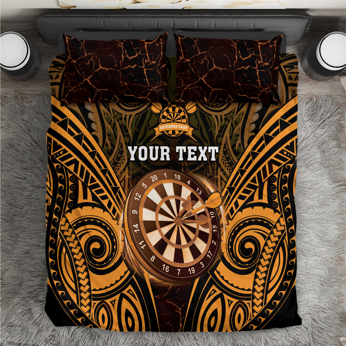 Personalised New Zealand Darts Bedding Set Gold Dart Board Maori Pattern LT05 Gold - Polynesian Pride