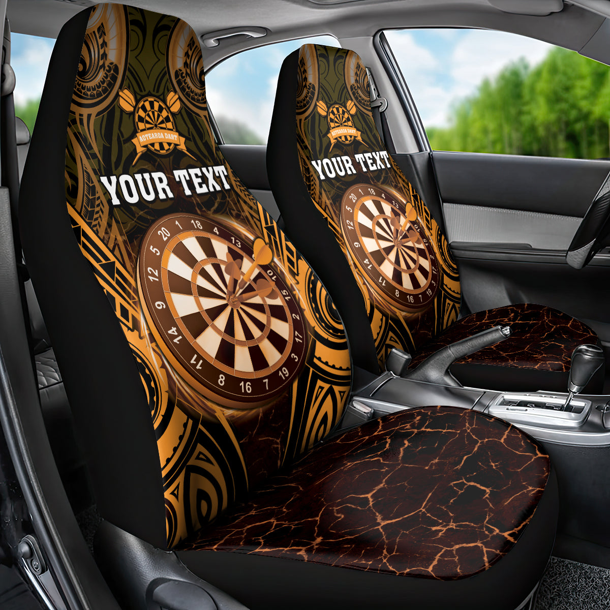 Personalised New Zealand Darts Car Seat Cover Gold Dart Board Maori Pattern LT05 - Polynesian Pride