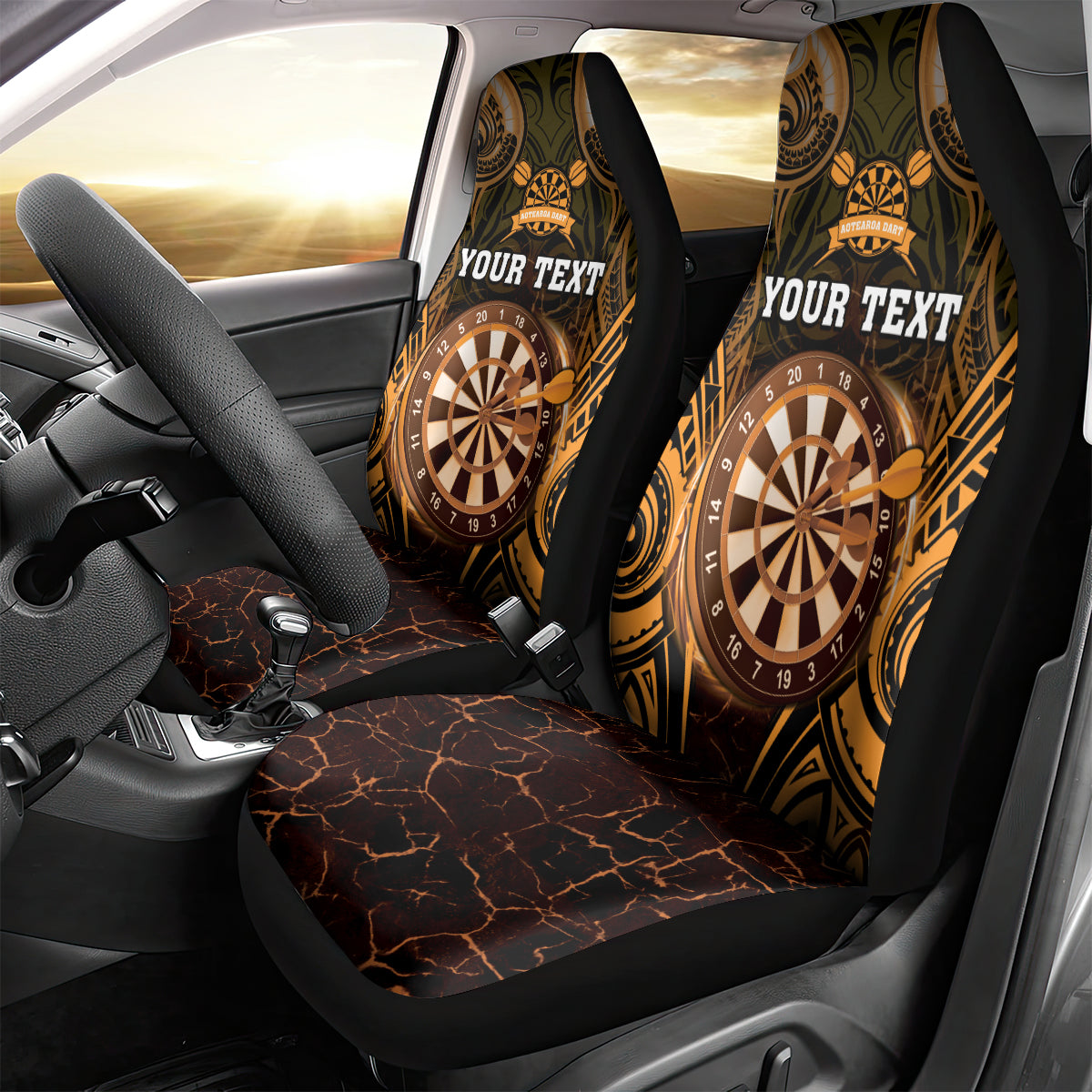 Personalised New Zealand Darts Car Seat Cover Gold Dart Board Maori Pattern LT05 - Polynesian Pride