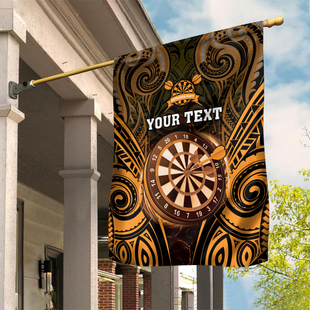 Personalised New Zealand Darts Garden Flag Gold Dart Board Maori Pattern LT05 House Flag Gold - Polynesian Pride