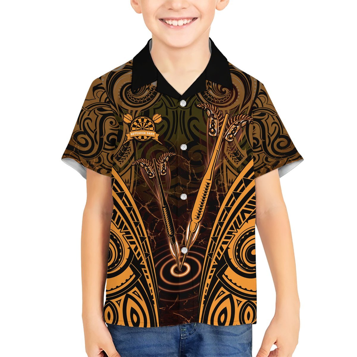 Personalised New Zealand Darts Hawaiian Shirt Gold Dart Board Maori Pattern LT05 - Polynesian Pride