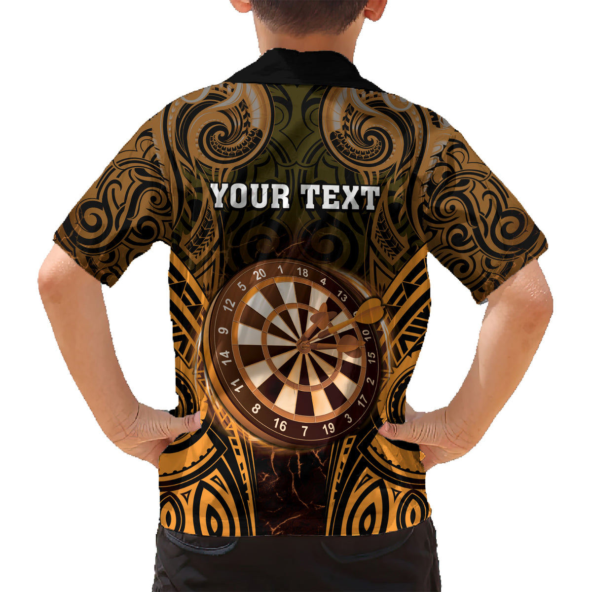 Personalised New Zealand Darts Kid Hawaiian Shirt Gold Dart Board Maori Pattern LT05 - Polynesian Pride