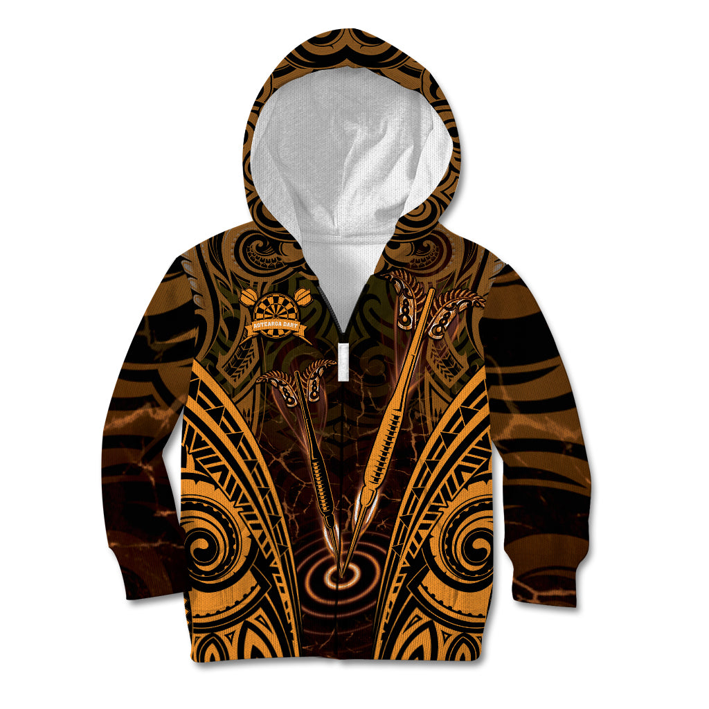 Personalised New Zealand Darts Kid Hoodie Gold Dart Board Maori Pattern LT05 Zip Hoodie Gold - Polynesian Pride