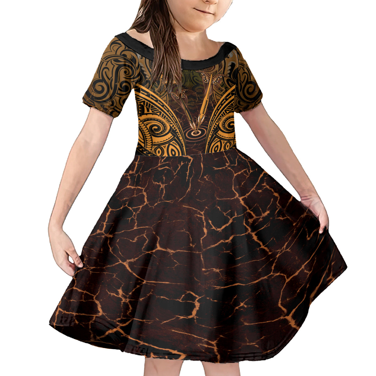 Personalised New Zealand Darts Kid Short Sleeve Dress Gold Dart Board Maori Pattern LT05 KID Gold - Polynesian Pride
