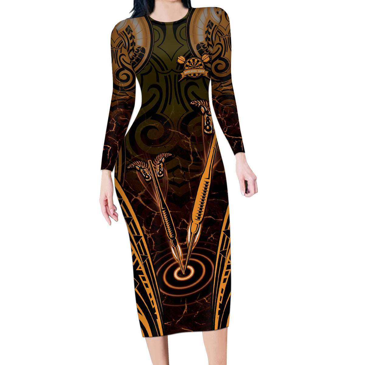 Personalised New Zealand Darts Long Sleeve Bodycon Dress Gold Dart Board Maori Pattern LT05 Long Dress Gold - Polynesian Pride