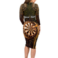 Personalised New Zealand Darts Long Sleeve Bodycon Dress Gold Dart Board Maori Pattern LT05 - Polynesian Pride