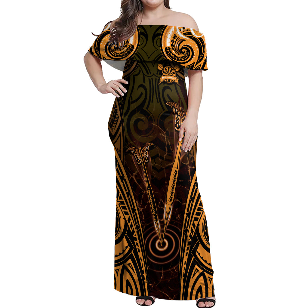 Personalised New Zealand Darts Off Shoulder Maxi Dress Gold Dart Board Maori Pattern LT05 Women Gold - Polynesian Pride