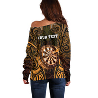 Personalised New Zealand Darts Off Shoulder Sweater Gold Dart Board Maori Pattern LT05 - Polynesian Pride