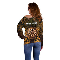Personalised New Zealand Darts Off Shoulder Sweater Gold Dart Board Maori Pattern LT05 - Polynesian Pride