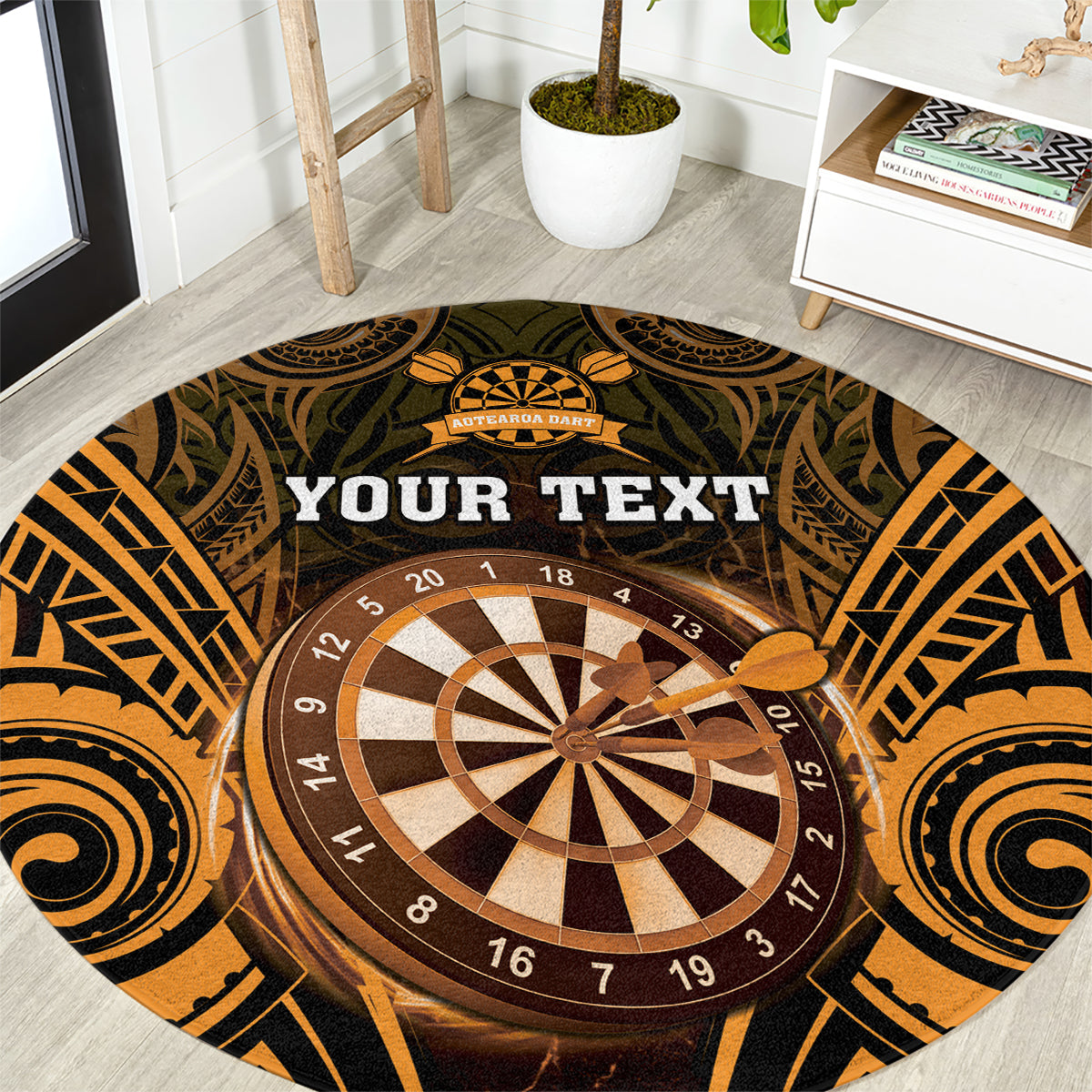 Personalised New Zealand Darts Round Carpet Gold Dart Board Maori Pattern LT05 Gold - Polynesian Pride