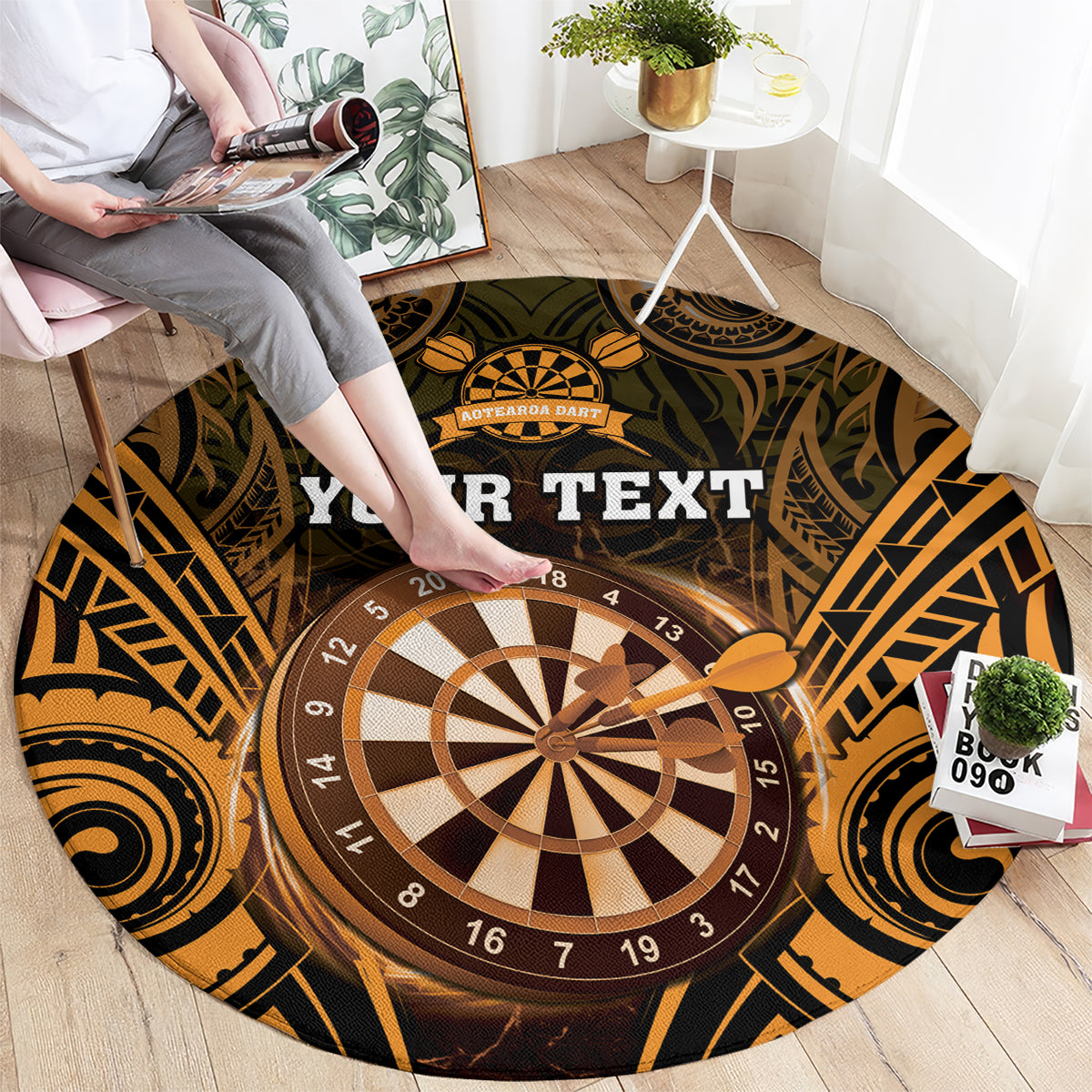 Personalised New Zealand Darts Round Carpet Gold Dart Board Maori Pattern LT05 - Polynesian Pride