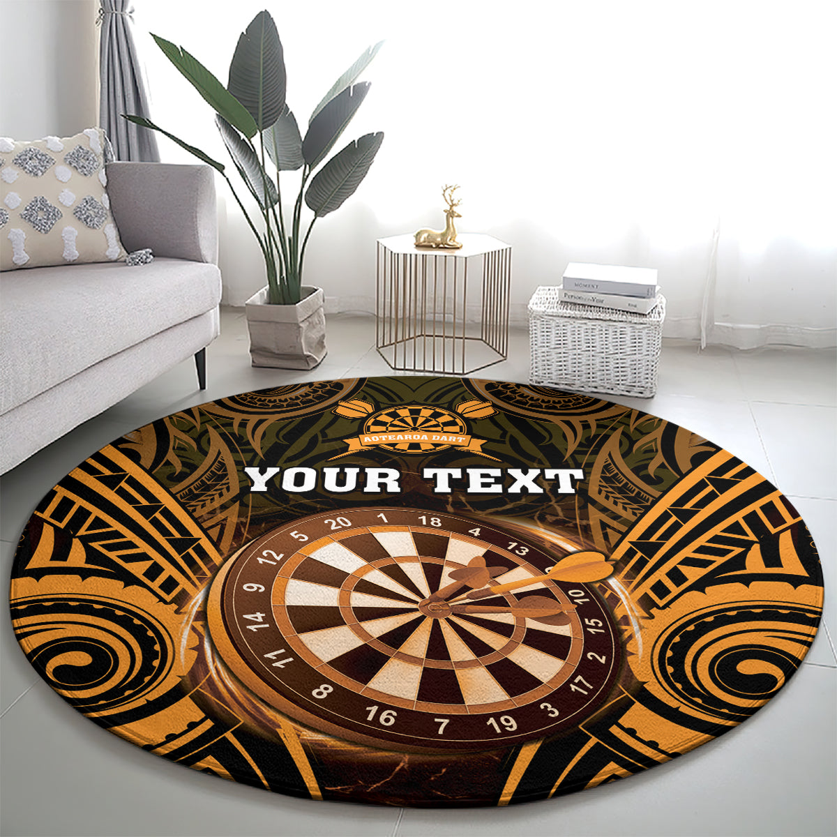 Personalised New Zealand Darts Round Carpet Gold Dart Board Maori Pattern LT05 - Polynesian Pride