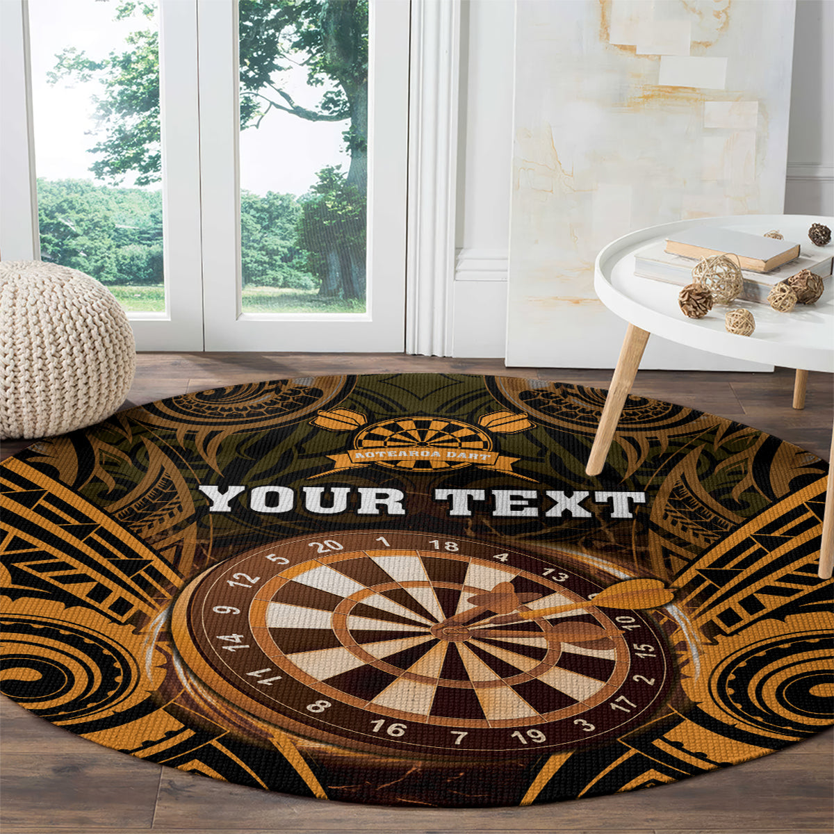 Personalised New Zealand Darts Round Carpet Gold Dart Board Maori Pattern LT05 - Polynesian Pride