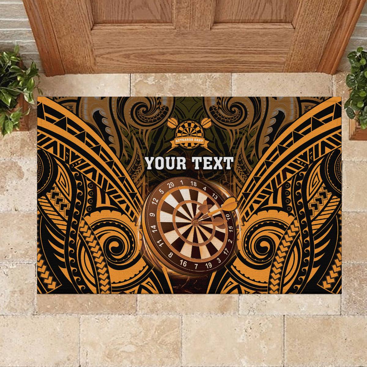 Personalised New Zealand Darts Rubber Doormat Gold Dart Board Maori Pattern LT05 - Polynesian Pride