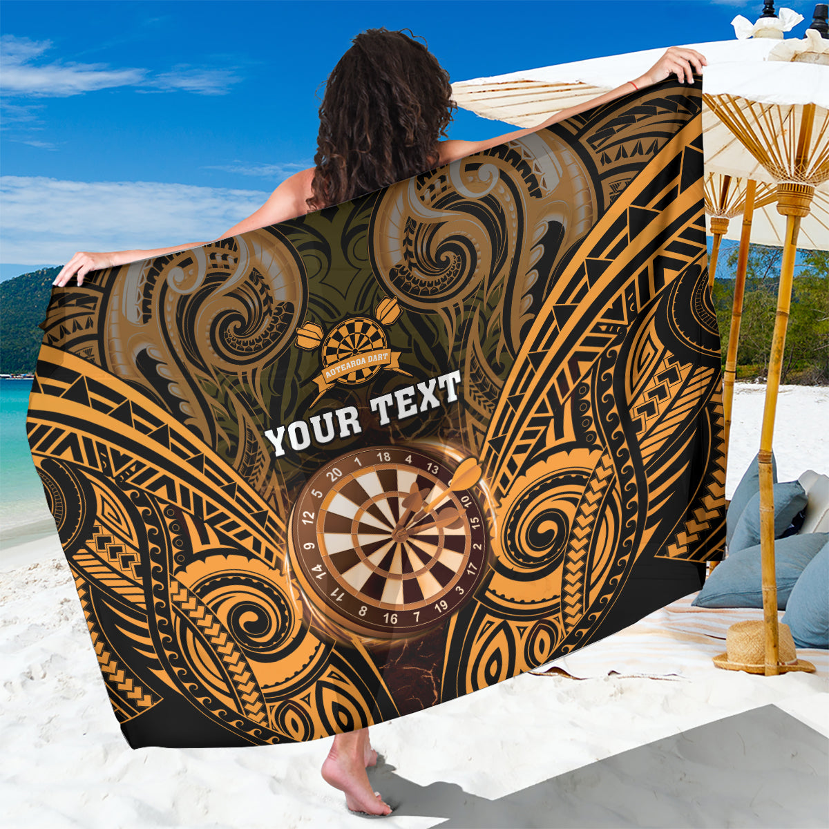 Personalised New Zealand Darts Sarong Gold Dart Board Maori Pattern LT05 One Size 44 x 66 inches Gold - Polynesian Pride