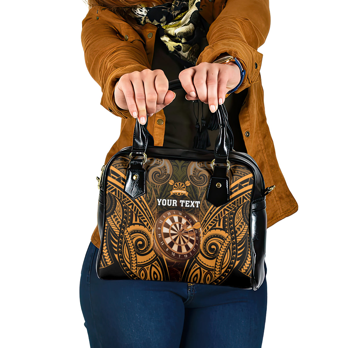Personalised New Zealand Darts Shoulder Handbag Gold Dart Board Maori Pattern LT05 One Size Gold - Polynesian Pride