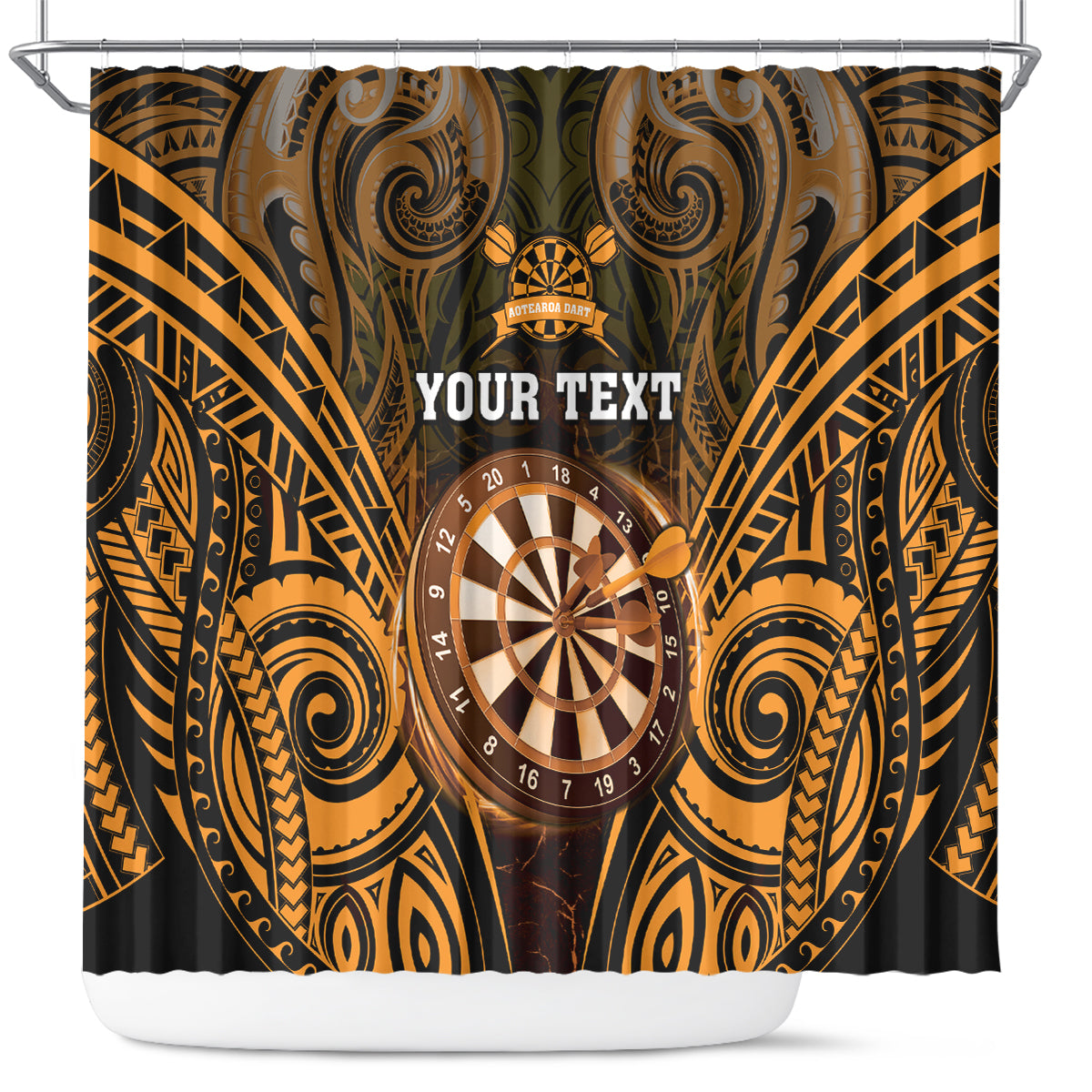 Personalised New Zealand Darts Shower Curtain Gold Dart Board Maori Pattern LT05 Gold - Polynesian Pride