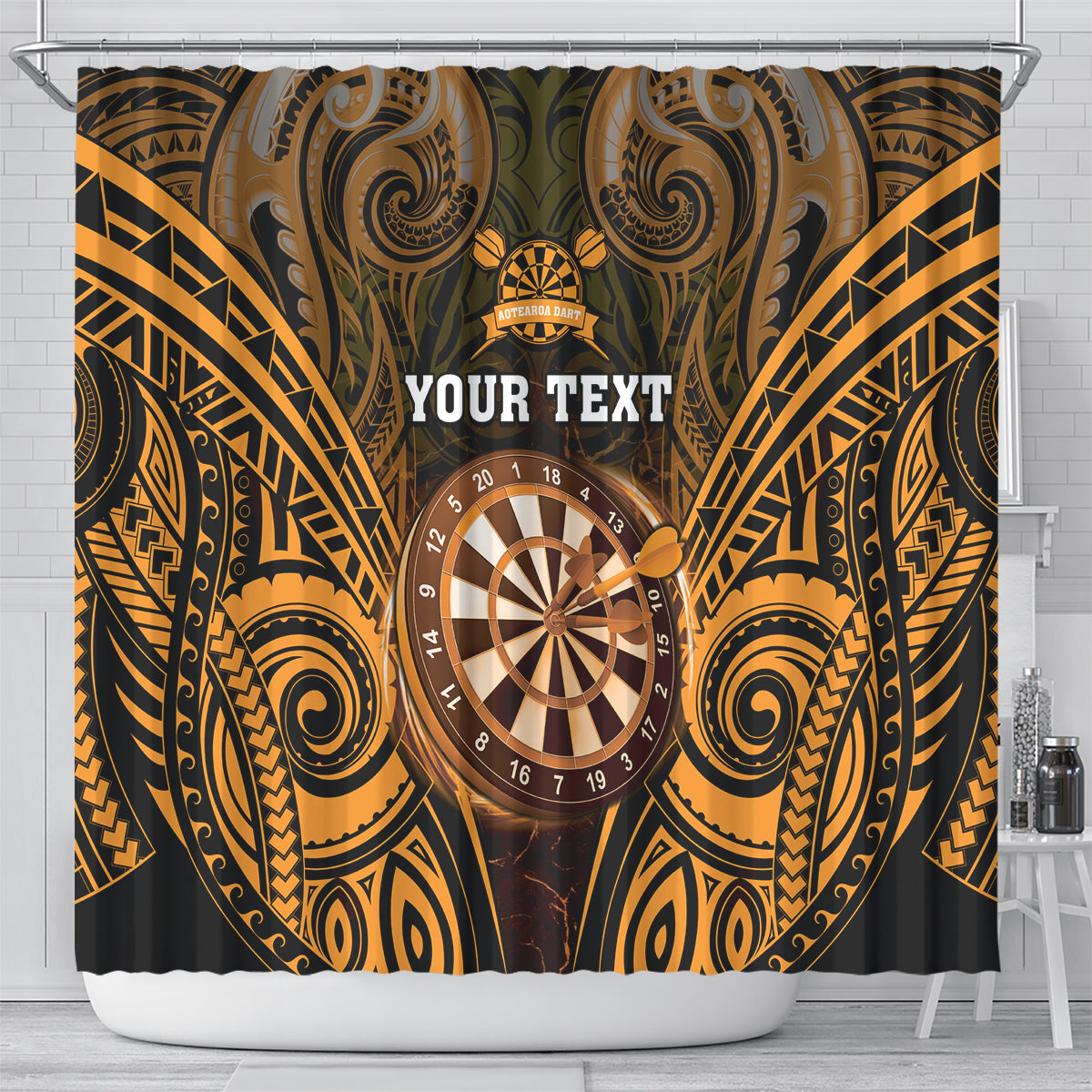 Personalised New Zealand Darts Shower Curtain Gold Dart Board Maori Pattern LT05 - Polynesian Pride
