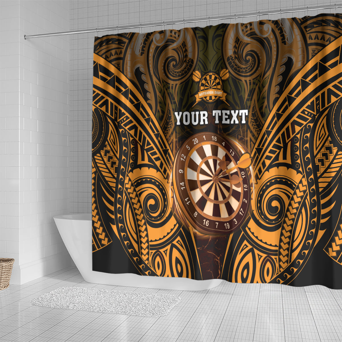 Personalised New Zealand Darts Shower Curtain Gold Dart Board Maori Pattern LT05 - Polynesian Pride