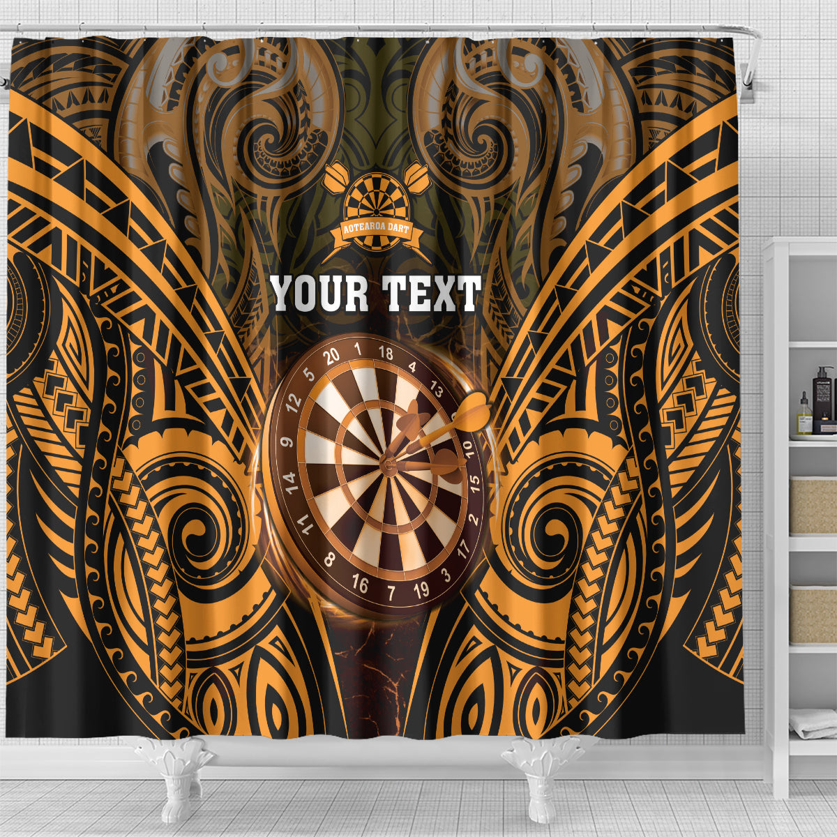 Personalised New Zealand Darts Shower Curtain Gold Dart Board Maori Pattern LT05 - Polynesian Pride