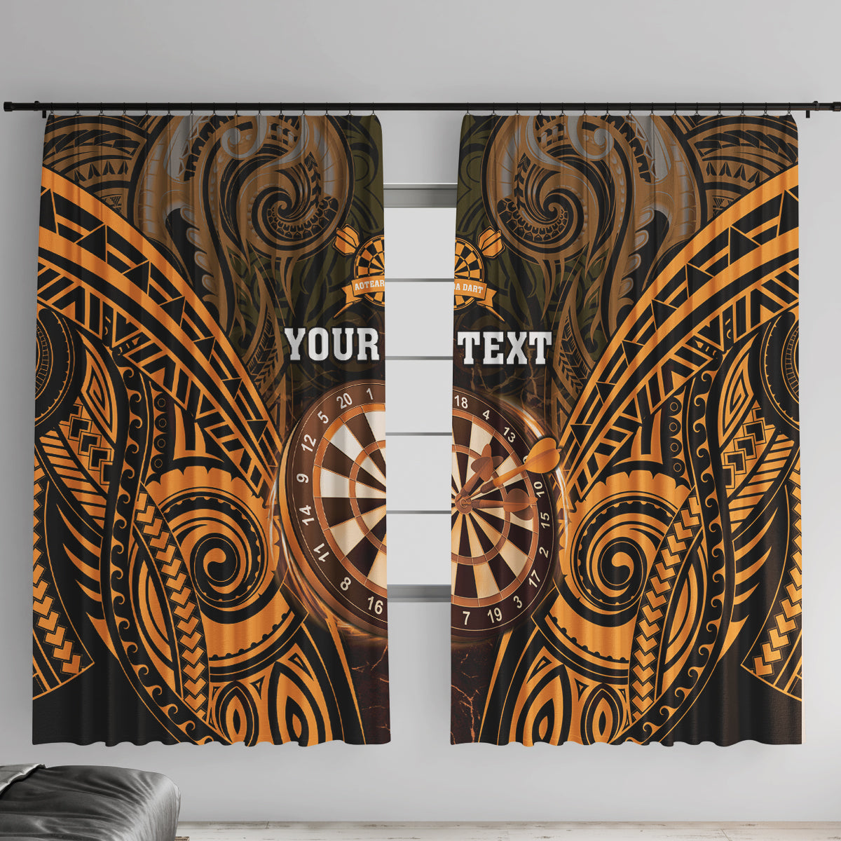 Personalised New Zealand Darts Window Curtain Gold Dart Board Maori Pattern LT05 With Hooks Gold - Polynesian Pride