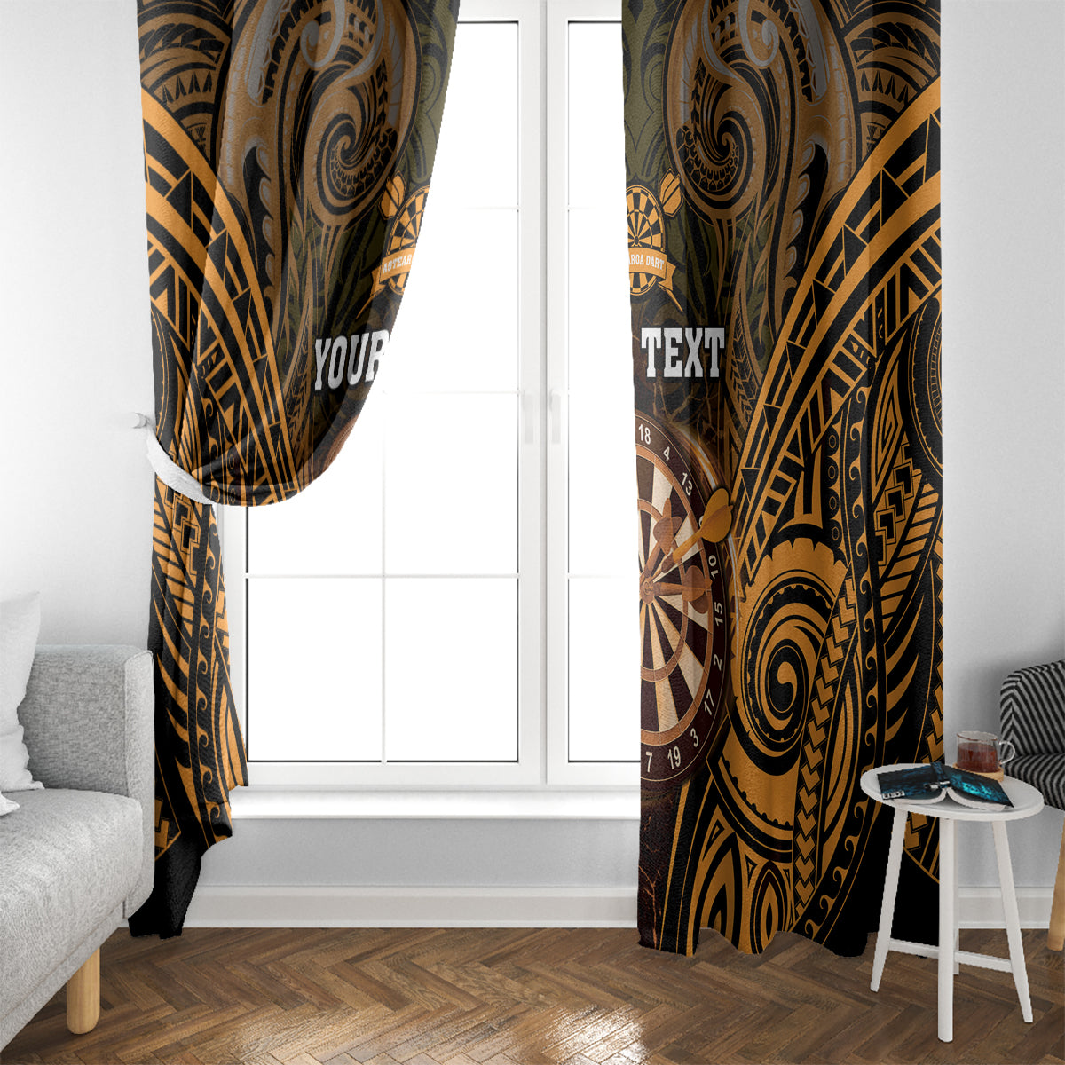 Personalised New Zealand Darts Window Curtain Gold Dart Board Maori Pattern LT05 - Polynesian Pride