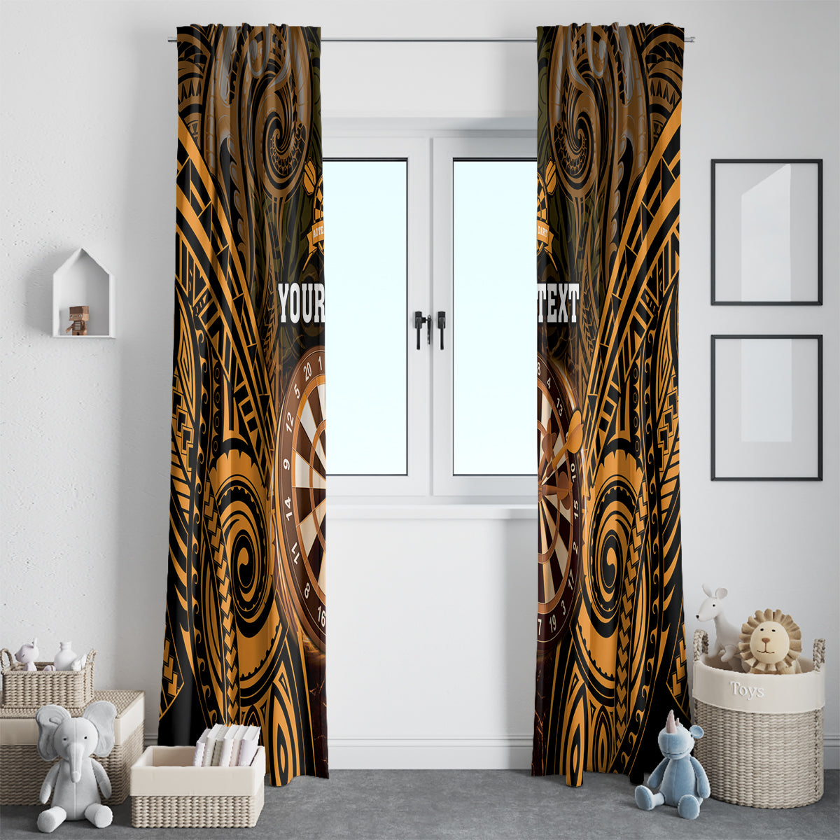 Personalised New Zealand Darts Window Curtain Gold Dart Board Maori Pattern LT05 - Polynesian Pride